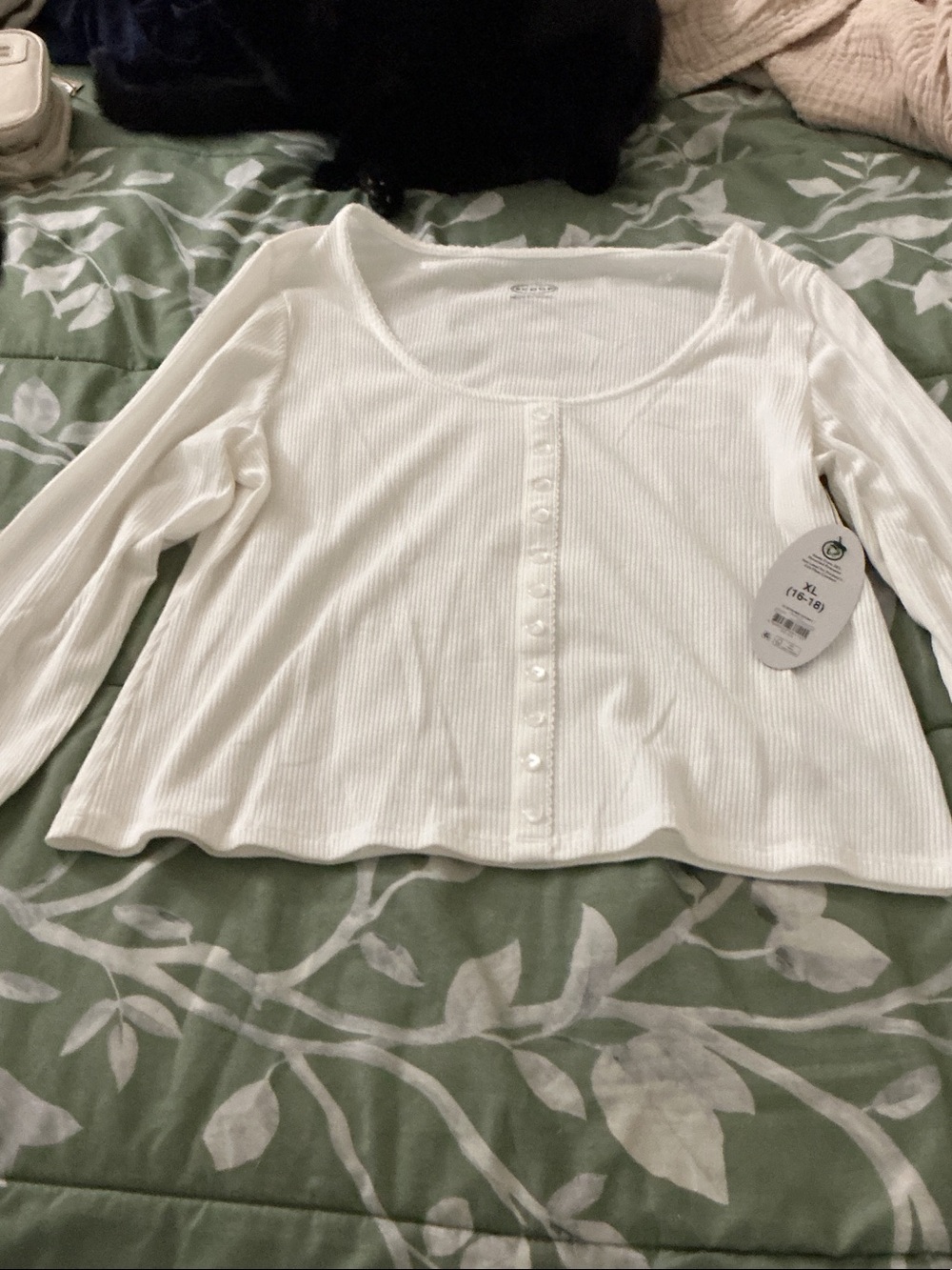 White Ribbed Scoop-Neck Long Sleeve Button-Front Top